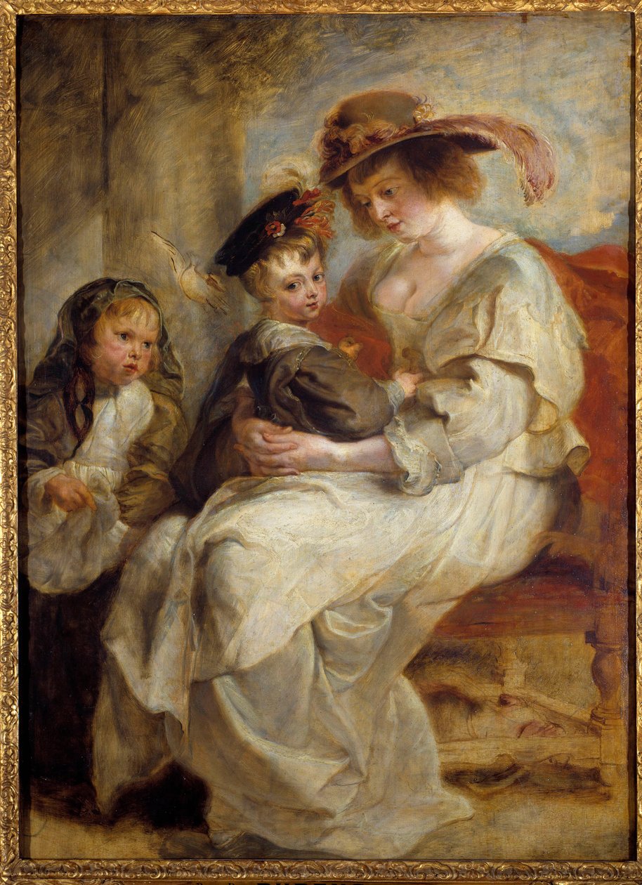 Retrato de Helene Fourment (1614-1673), a segunda esposa do pintor com os dois filhos do casal Pintura de Pierre Paul (Pierre-Paul) Rubens (ou Peter Paul ou Petrus Paulus) (1577-1640) 1634 Sol. 1,15x0,85 m de Peter Paul Rubens