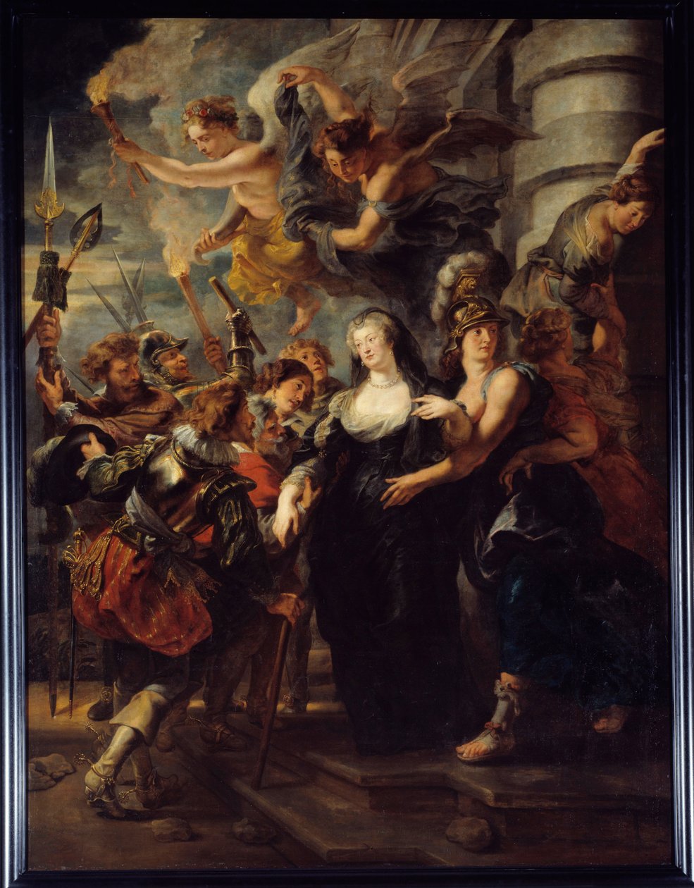 A rainha Marie de Medicis (1573-1642) fugiu do Castelo de Blois na noite de 21 para 22 de Fevereiro de 1619 A rainha da França no exílio em Blois durante a "Guerra da Mãe e do Filho" fugiu para Angouleme. Anjos com tochas guiam a rainha no caminho certo. D de Peter Paul Rubens