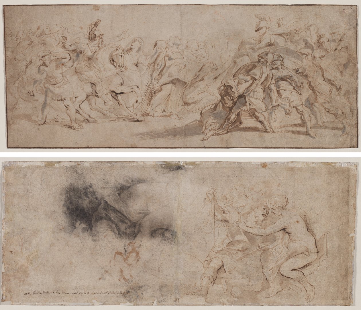 Reconciliação dos romanos e sabinos (reto) Vênus Desarmando Marte, Estudo de cortinas (verso) de Peter Paul Rubens
