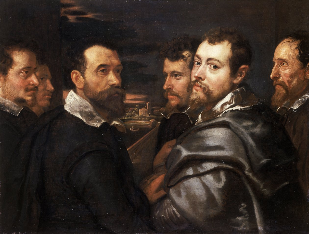 Auto-retrato em um círculo de amigos de Mântua par Rubens, Pieter Paul (1577-1640), ca 1604 - Óleo sobre tela, 77,5x161 - Wallraf-Richartz-Museum, Colônia de Peter Paul Rubens