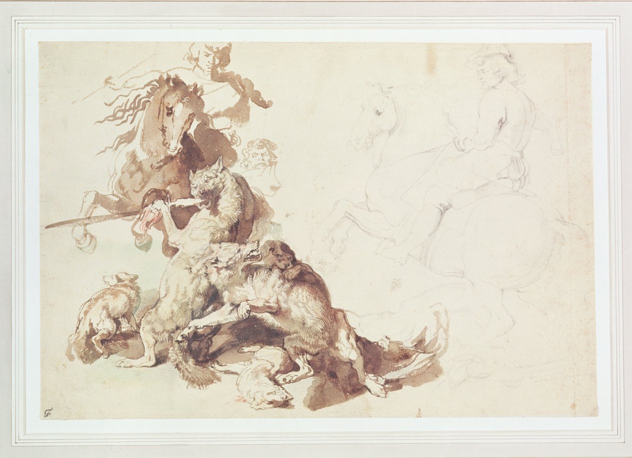 Esboço para uma caça ao lobo (lápis com aguarela sobre papel) de Peter Paul Rubens