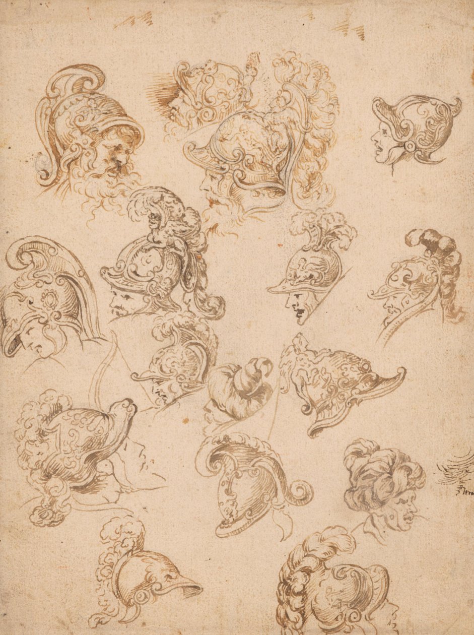 Folha de estudos com elmos e cabeças de Peter Paul Rubens