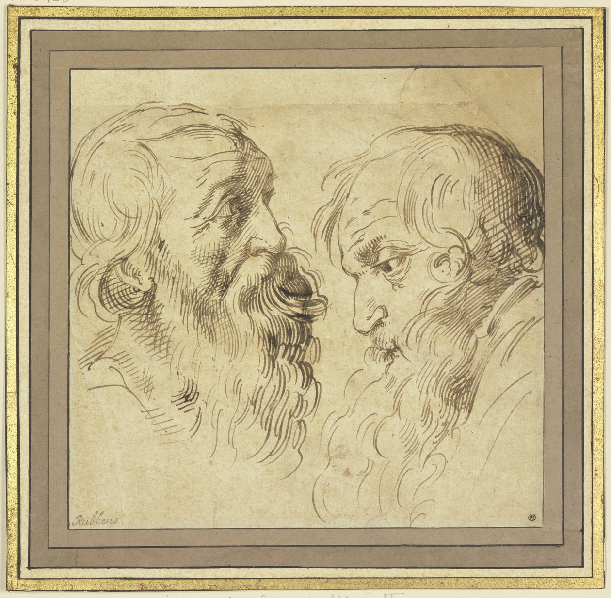 Folha de estudo: Duas cabeças com barba, de perfil para a direita e para a esquerda de Peter Paul Rubens