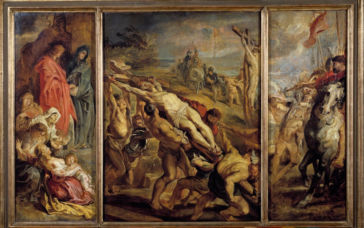 A Ereção da Cruz Tríptica por Pierre Paul (Pierre-Paul) Rubens (ou Peter Paul ou Petrus Paulus) (1577-1640) Sol do século XVII. 0,68x1,07 m Paris, Musee du Louvre de Peter Paul Rubens