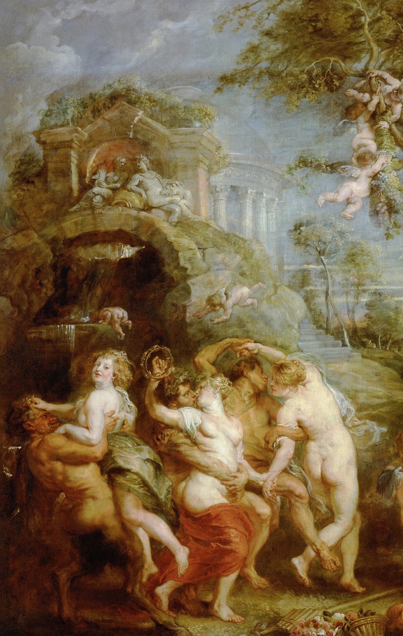 A festa de Vénus Verticordia (Pormenor de pintura: cena báquica com ninfas e sátiros) de Peter Paul Rubens