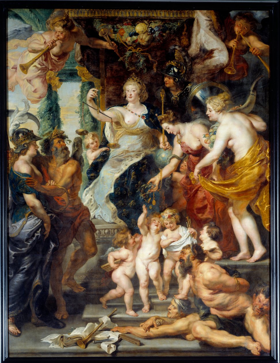 A Felicidade da Representação da Regência da Rainha Maria de Medicis (Maria de Medici) (1573-1642) em triunfo na época da Regência. Pintura de Pierre Paul (Pierre-Paul) Rubens (ou Peter Paul ou Petrus Paulus) (1577-1640) Sol do século XVII. 3,94x2,95 m de Peter Paul Rubens