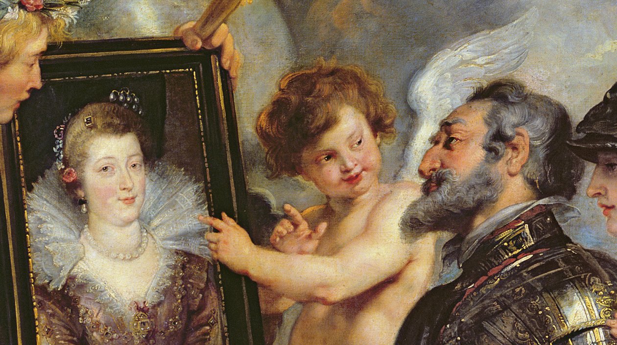 O Ciclo Medici: Henri IV (1553-1610) Recebendo o Retrato de Maria de Médicis (1573-1642) 1621-25 (detalhe de 17689) de Peter Paul Rubens