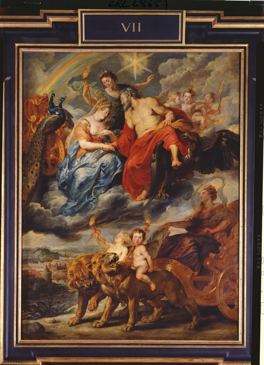 O Ciclo Médici: Encontro de Henrique IV (1553-1610) e Maria de Médicis (1573-1642) em Lyon, em 9 de setembro de 1600, 1621-25 de Peter Paul Rubens