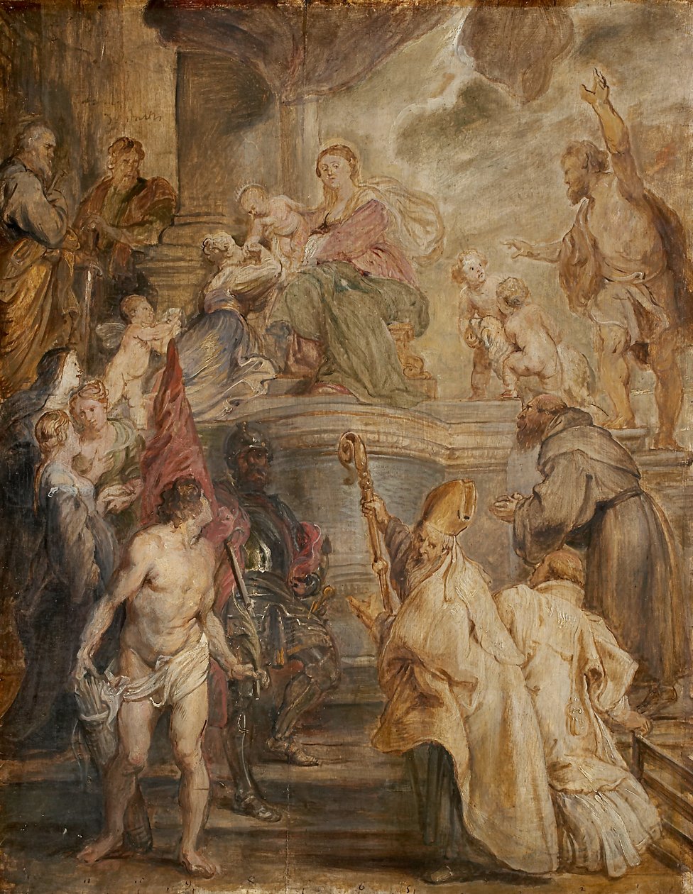 O casamento místico de Santa Catarina (esboço a cores para o altar da igreja dos padres agostinhos em Antuérpia), verso: duas batalhas de cavalaria de Peter Paul Rubens