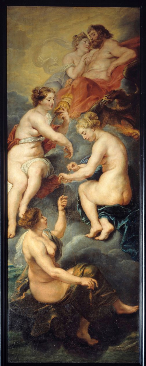 Os Parques girando o destino de Maria de Medicis (1573-1642) Os Parques, Clotho, Lachesis e Atropos, são os deuses mestres do destino dos homens. Pintura de Pierre Paul (Pierre-Paul) Rubens (ou Peter Paul ou Petrus Paulus) (1577-1640) Século XVII. D de Peter Paul Rubens