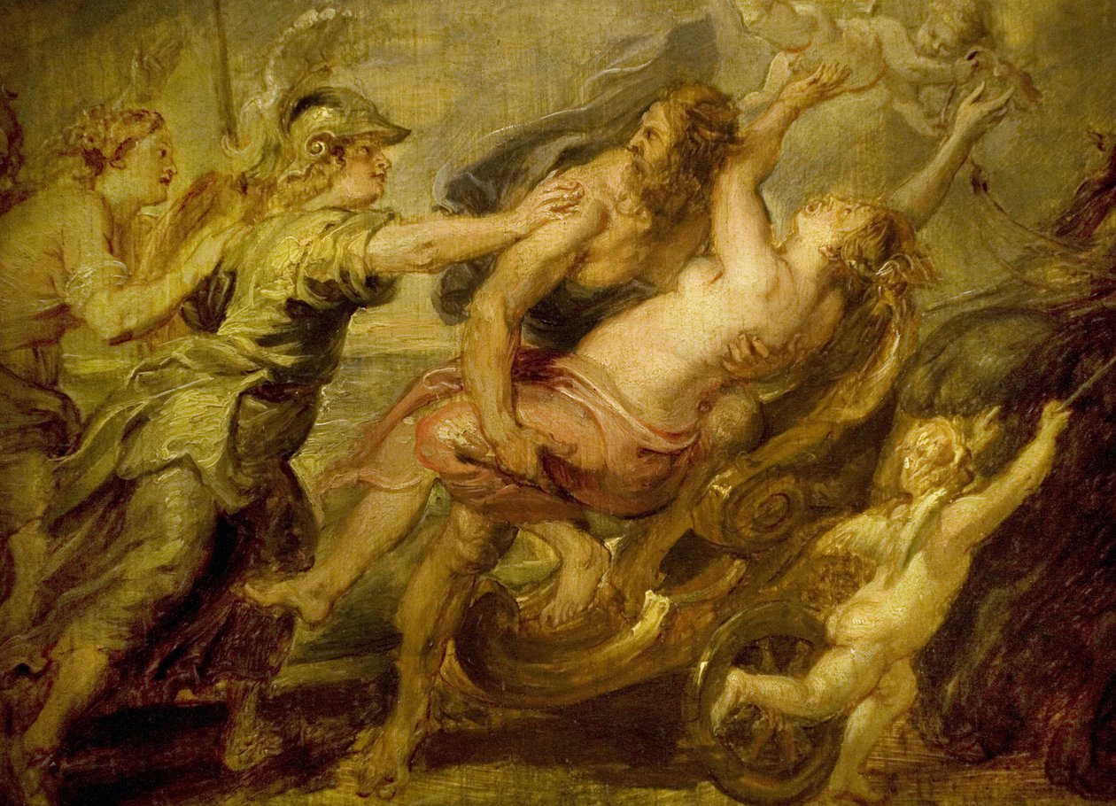 o rapto de Prosérpina por volta de 1636, de Pierre Paul (Pierre-Paul) Rubens (ou Peter Paul ou Petrus Paulus) (1577-1640), Prosérpina, deusa romana das estações, raptada pelo deus Plutão do submundo para fazer sua esposa; Minerva, Vênus e Diane tentam de Peter Paul Rubens
