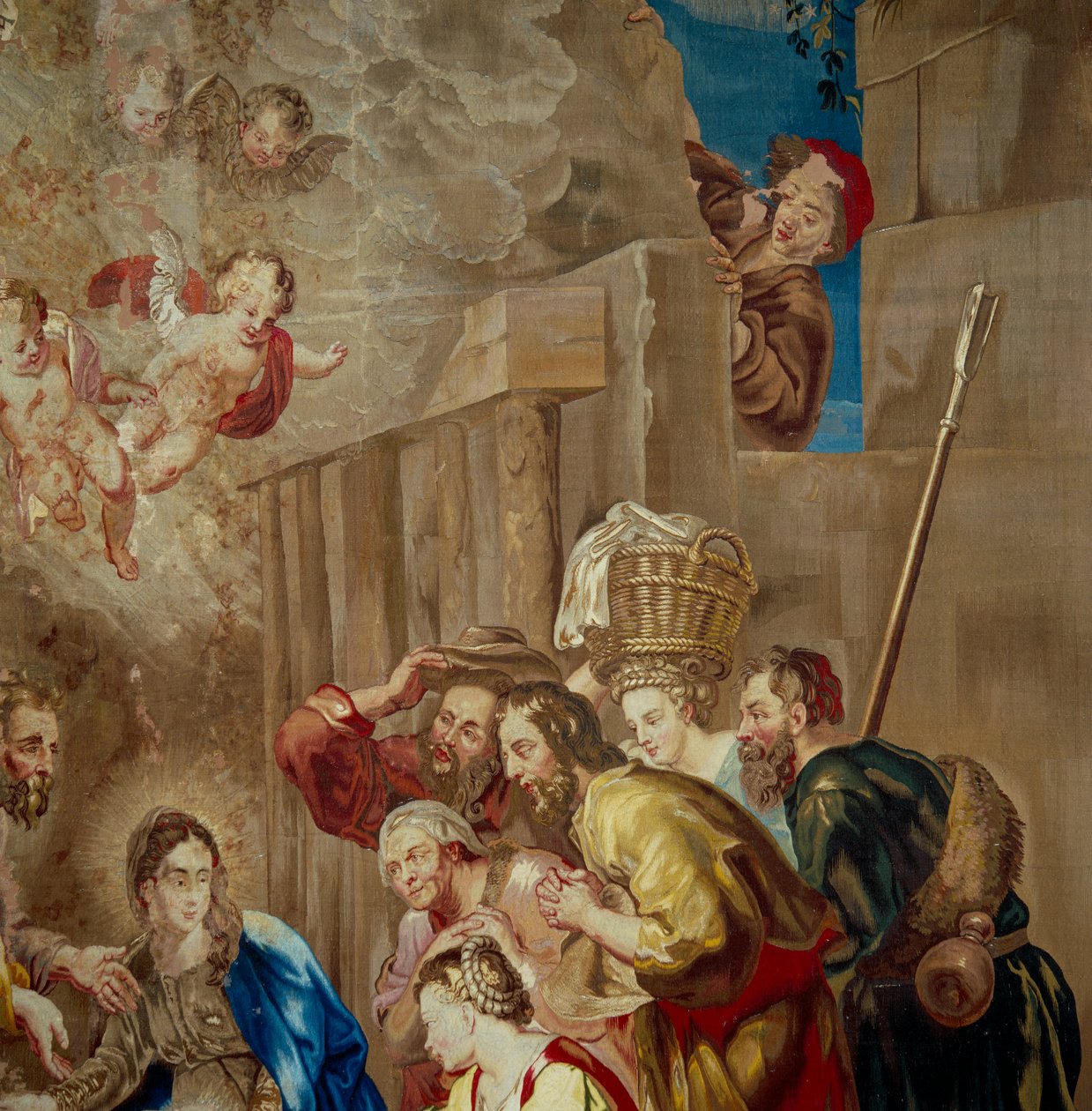 Adoração do Menino Jesus, detalhe da tapeçaria da escola flamenga, c.1600-50 de Peter Paul after Rubens