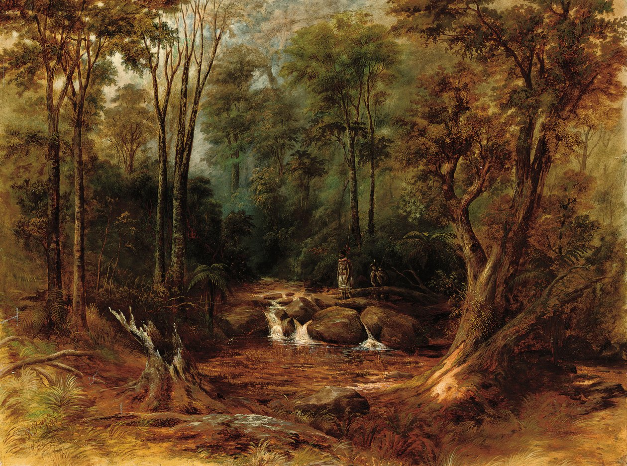 Maoris atravessando um córrego na floresta, 1887 de Peter Power