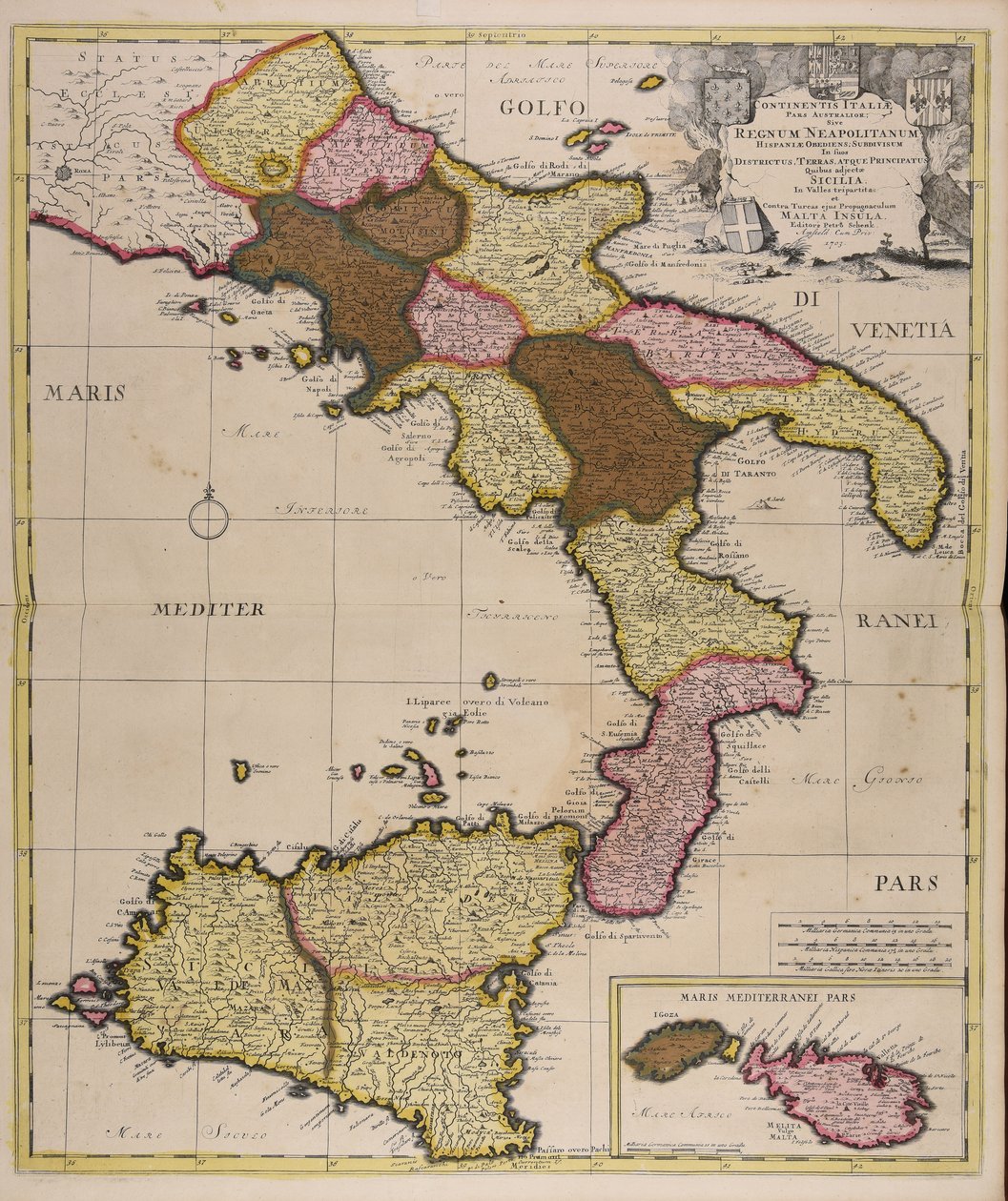 Continentis Italiae pars australior sive regnum Neapolitanum Hispaniae obediens subdivisum in suos districtus terras atque principatus quibus adjectae Sicilia in valles tripartita et contra Turcas ejus propugnaculum Malta insula de Peter Schenk the Elder
