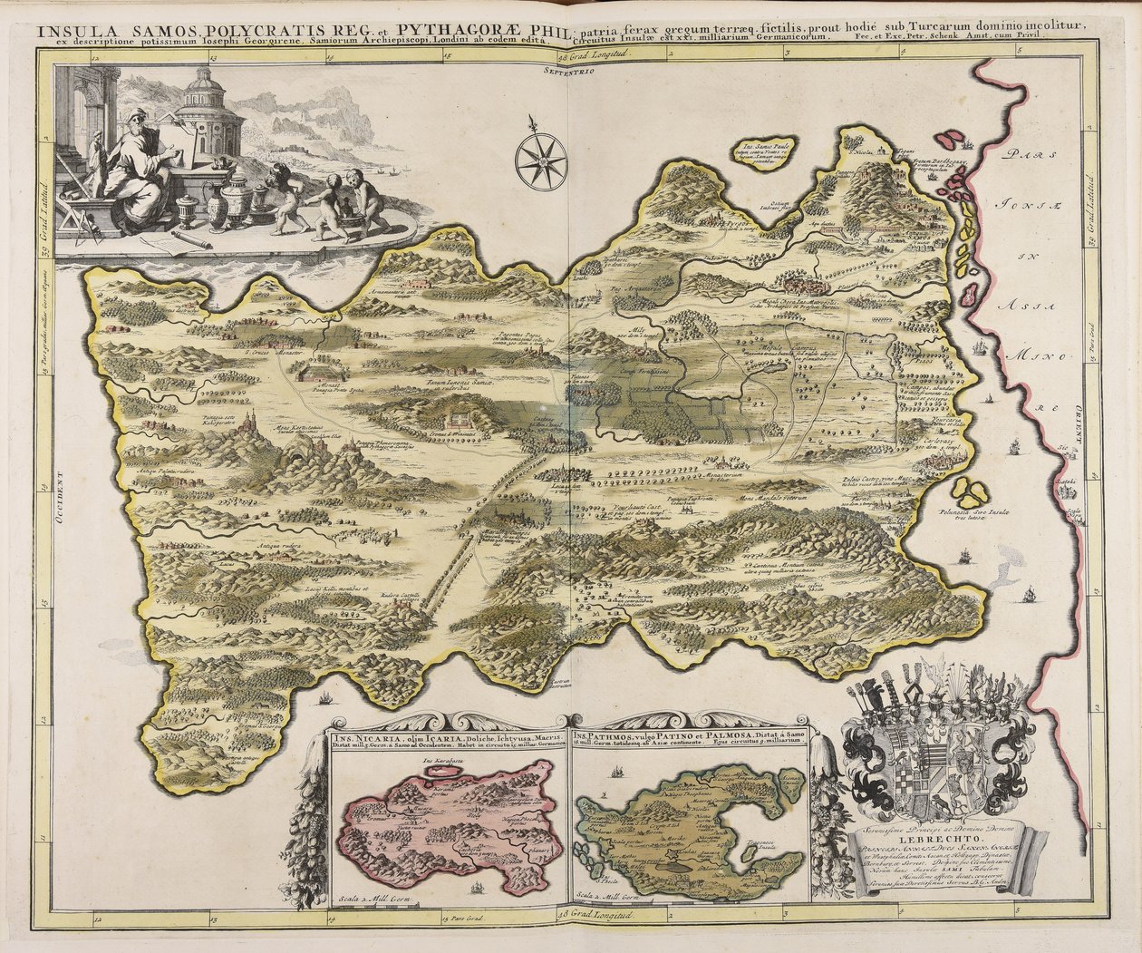Insula Samos Polycratis reg. et Pythagorae phil. patria ferax gregum terraeq. fictilis, prout hodié sub Turcarum dominio incolitur, ex descriptione potissimum Iosephi Georgirene, Samiorum archiepiscopi, Londini ab eodem editá ... / fec. et exc. Petr. Schen de Peter Schenk the Elder