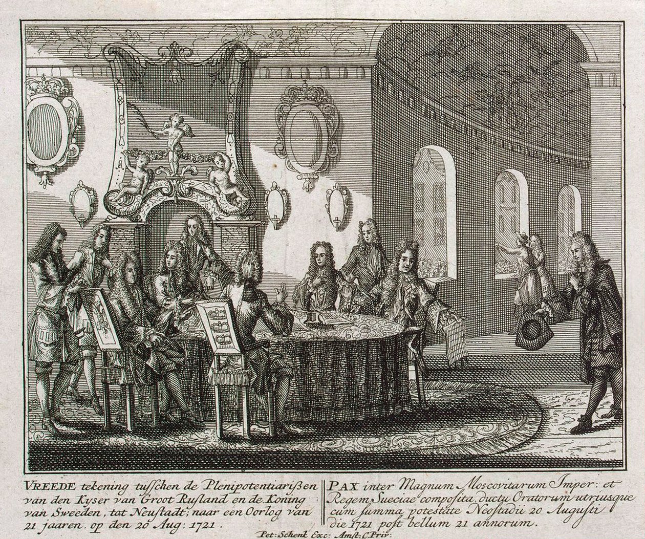 Conclusão do Tratado de Paz de Nystad em 20 de agosto de 1721. de Peter Schenk the Younger
