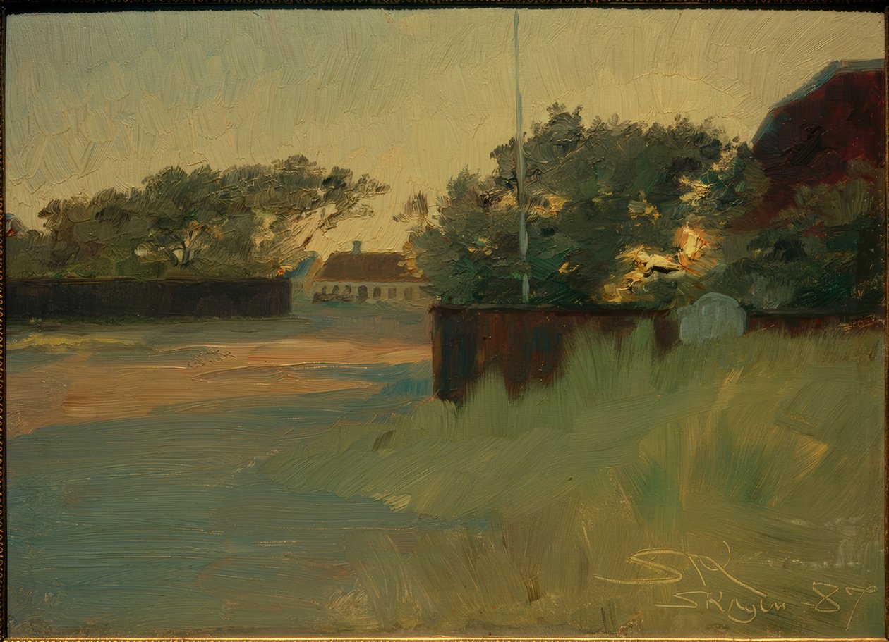 Vista do jardim de Brödnum. pôr do sol de Peder Severin Krøyer