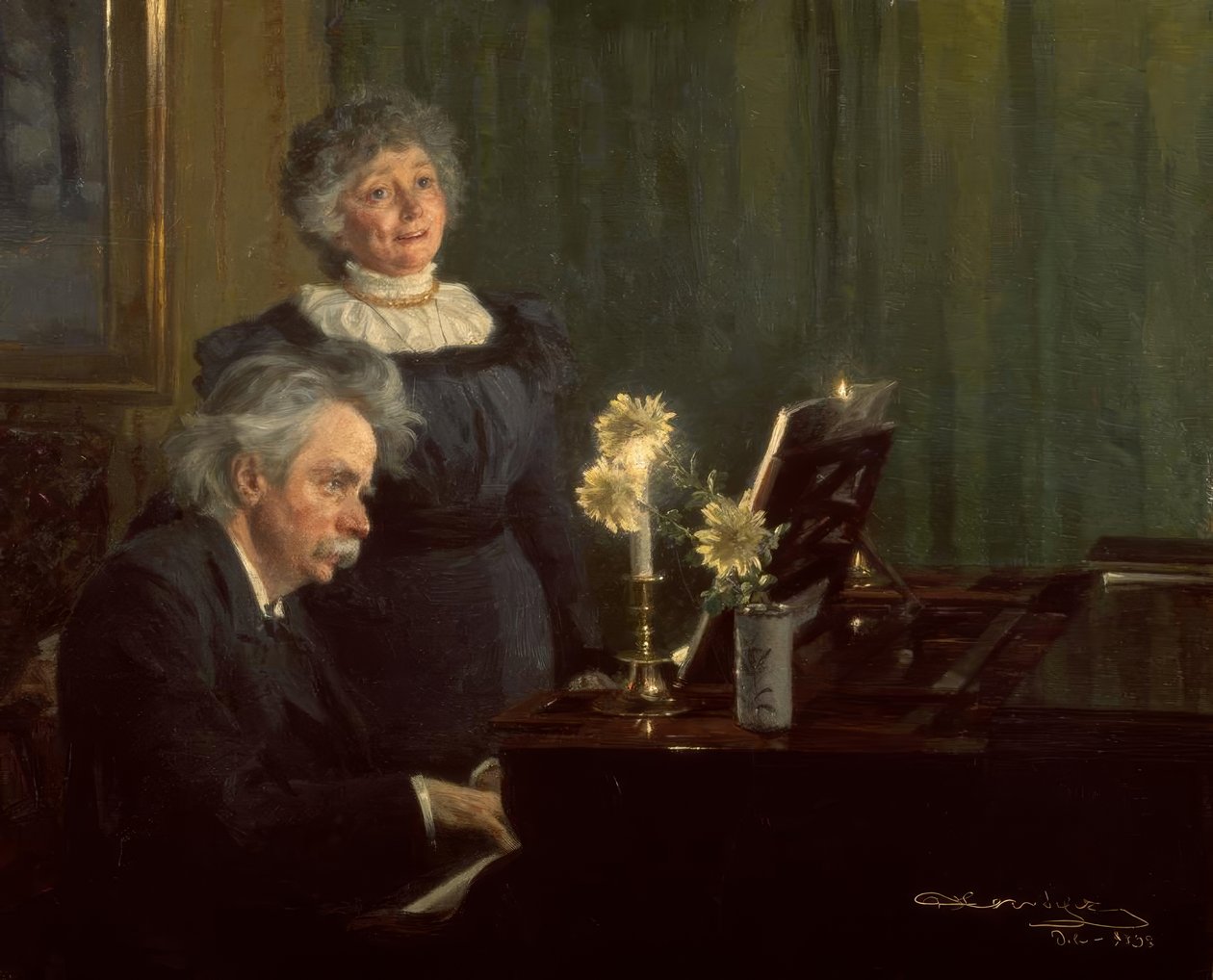 Edvad Grieg acompanha sua esposa no piano de Peder Severin Krøyer
