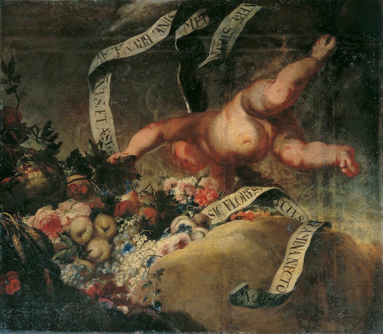 Putto com flores, frutas e banner de Peter Strudel