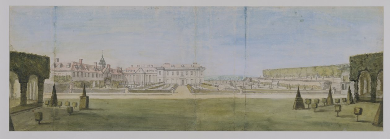 Uma vista do jardim e da casa em Upper Winchendon, Buckinghamshire (wc sobre grafite no papel) de Peter Tillemans
