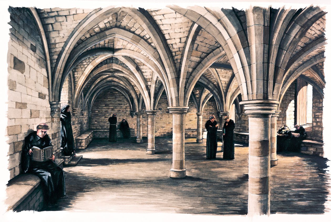 Monges na sala comum de Battle Abbey, East Sussex, século XII c1990-c2010 de Peter Urmston
