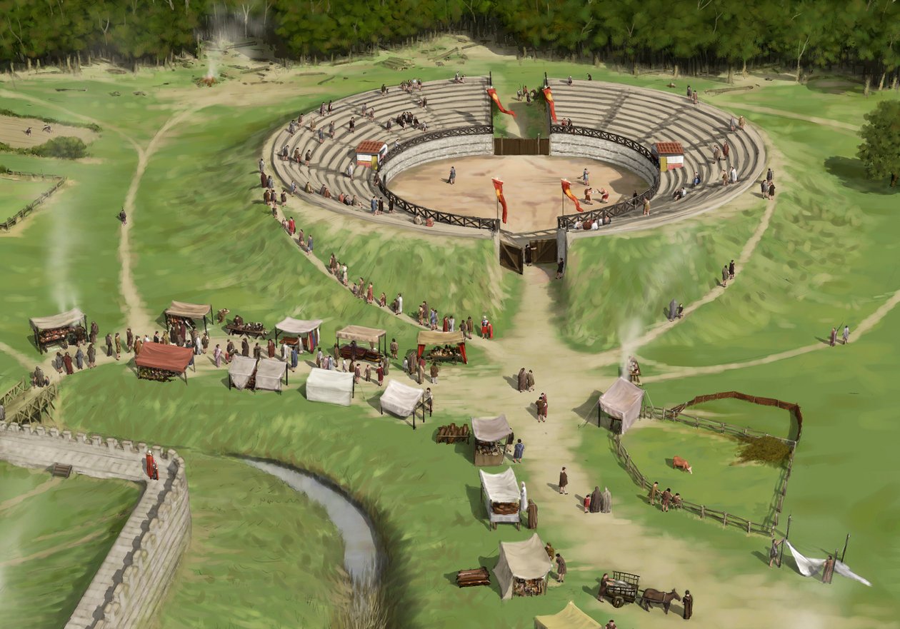 Espectadores chegam ao Silchester Roman City Amphitheatre c250 AD, c1990-2010 de Peter Urmston