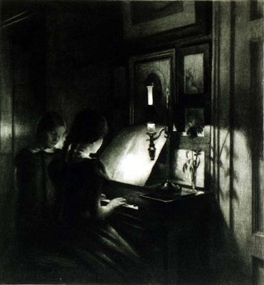 As meninas ao piano (mezzotint) de Peter Vilhelm Ilsted