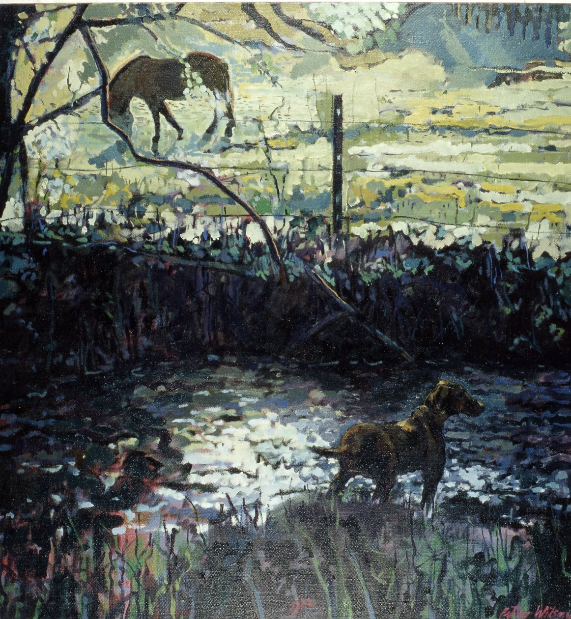 Pónei e cão num campo, 2000 (óleo sobre tela) de Peter Wilson