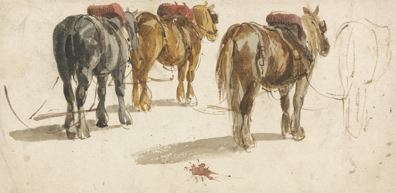 Três cavalos-carroça em rastros, vista traseira (aquarela sobre papel0 de Peter de (attr.) Wint