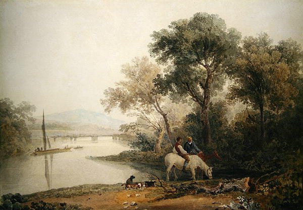 Rústicos regando seus Cavalos à beira de um rio, uma Torre além (aquarela sobre papel) de Peter de Wint