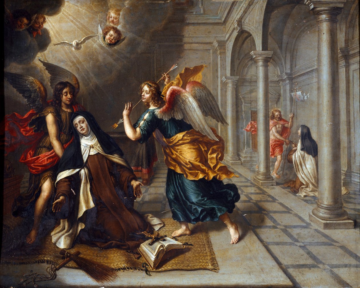 Santa Teresa de Ávila (do menino Jesus) (1515-1582) encontra o anjo que fura o coração de sua pintura dourada mais escura de Peter Van Lindt (século XVII) Dim. 85x70 cm Genes, Galleria di Palazzo Bianco de Peter van Lint