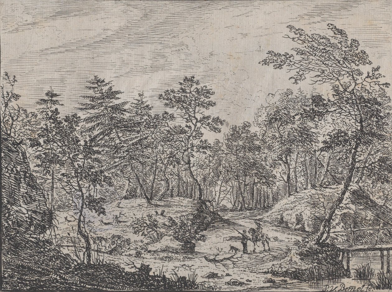 Paisagem da floresta com um cavaleiro conversando com um homem no centro, uma passarela à direita, 1716. de Peter von Bemmel