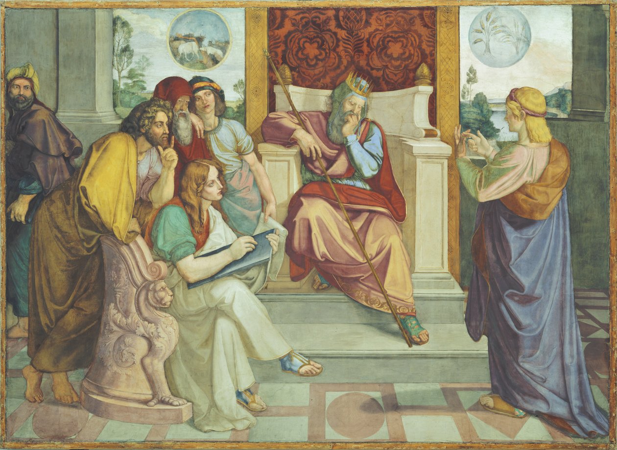 José interpreta os sonhos do faraó. Pintura mural do ciclo de oito partes da Casa Bartholdy em Roma de Peter von Cornelius