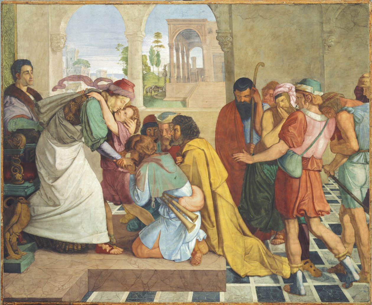 José dá-se a conhecer aos seus irmãos. Pintura mural do ciclo em oito partes da Casa Bartholdy em Roma de Peter von Cornelius