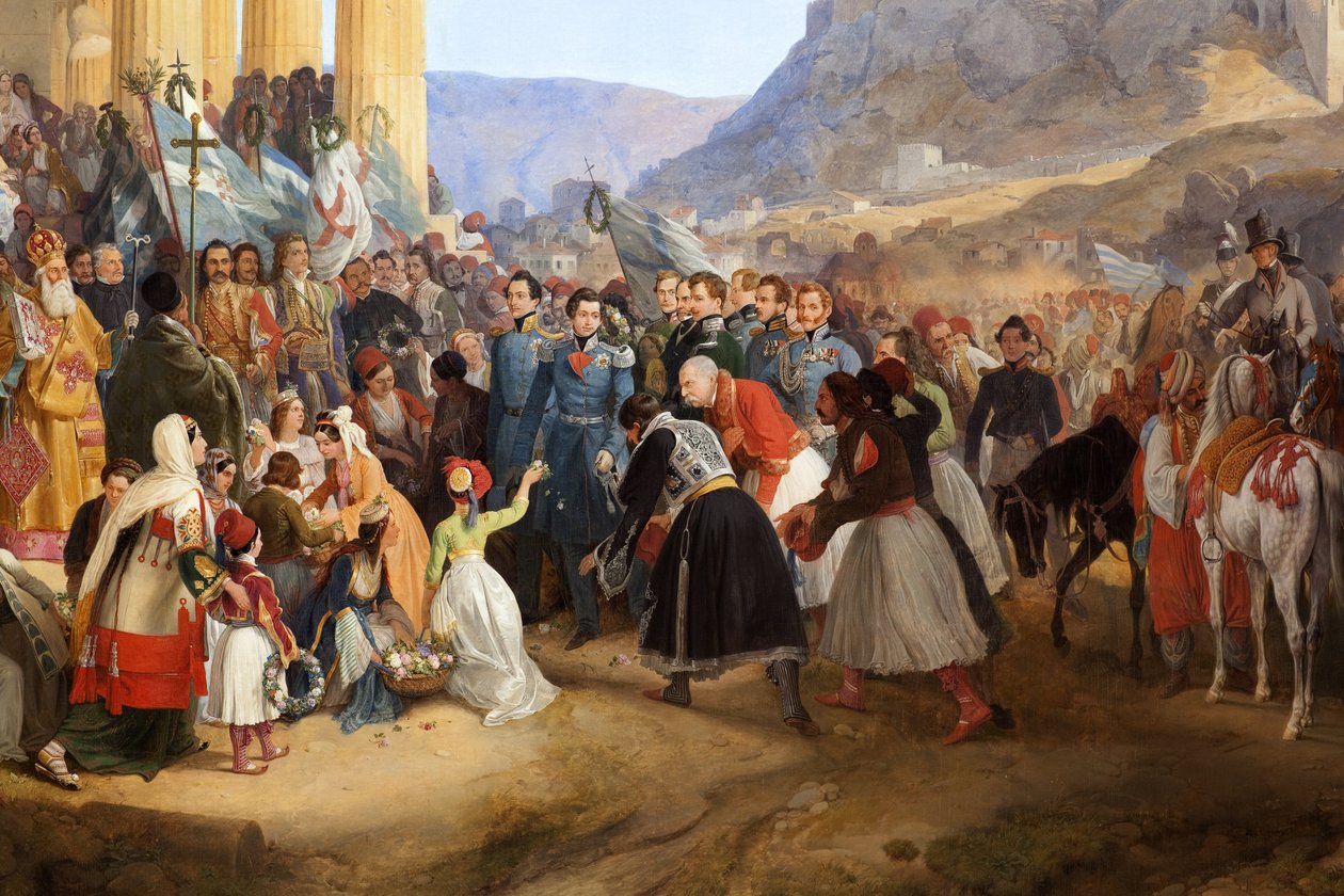A entrada do Rei Othon I da Grécia (1815-1876) em Atenas, recebida pela multidão em frente ao templo de Hefaisto (Hefaisto) (Hefaisto) ou Theseion on Agora (Grécia de Peter von Hess