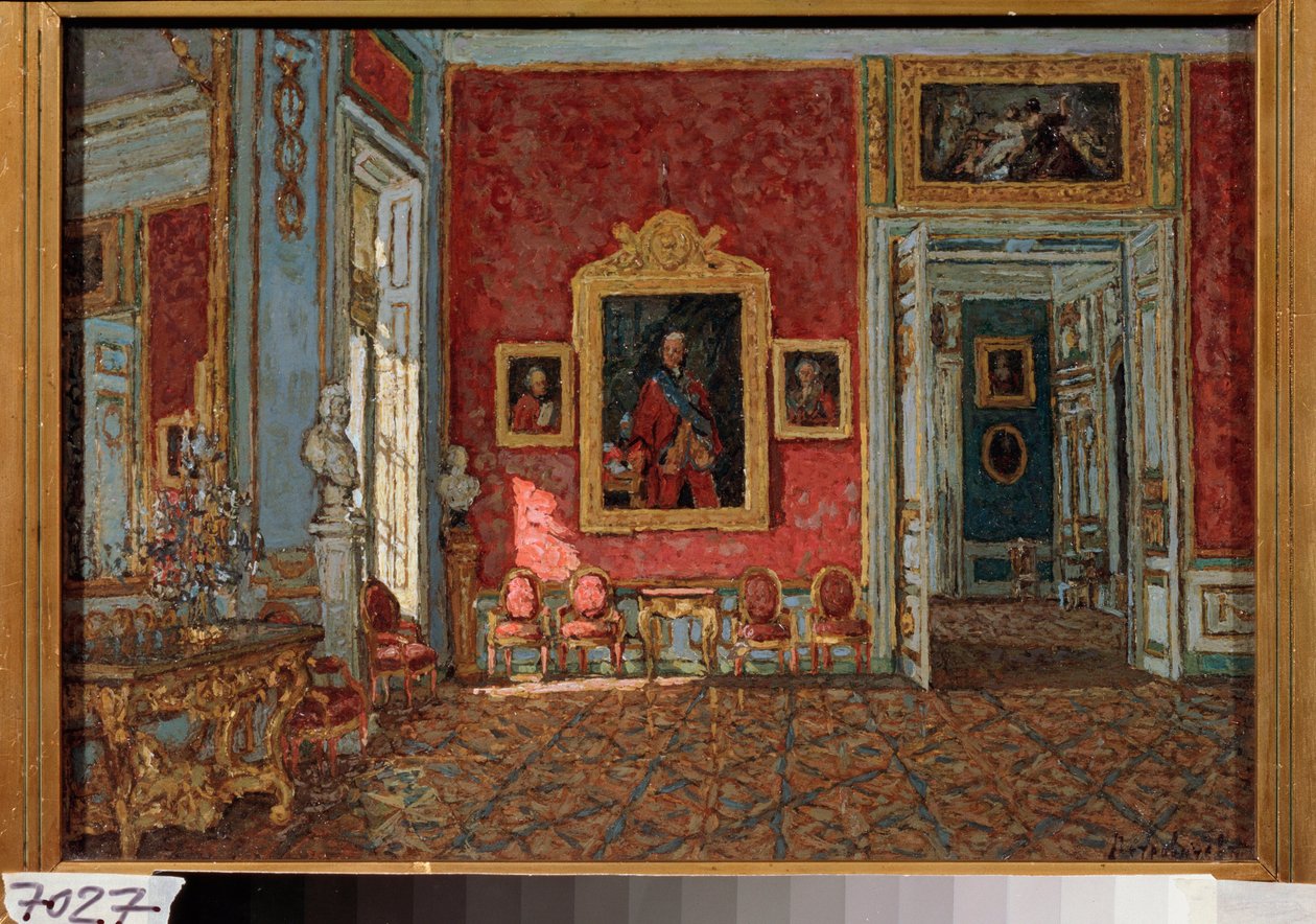 A sala de desenho carmesim no Palácio Kuskovo (Moscovo, Rússia) - Pintura de Pyotr Ivanovich Petrovichev (Pyotr Petrovitchev) (1874-1947), óleo sobre tela de Petr Ivanovic Petrovichev