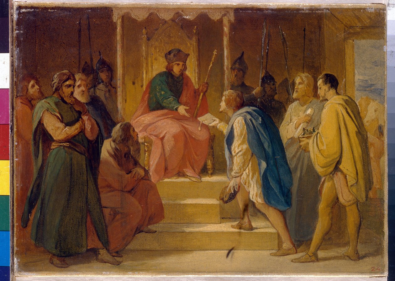 O Grande Príncipe Andrei Bogolyubsky (1111-1174) recebe os artesãos foram enviados pelo Imperador Frederic I de Hohenstaufen (1122-1190) de Petr Vasilievich Basin