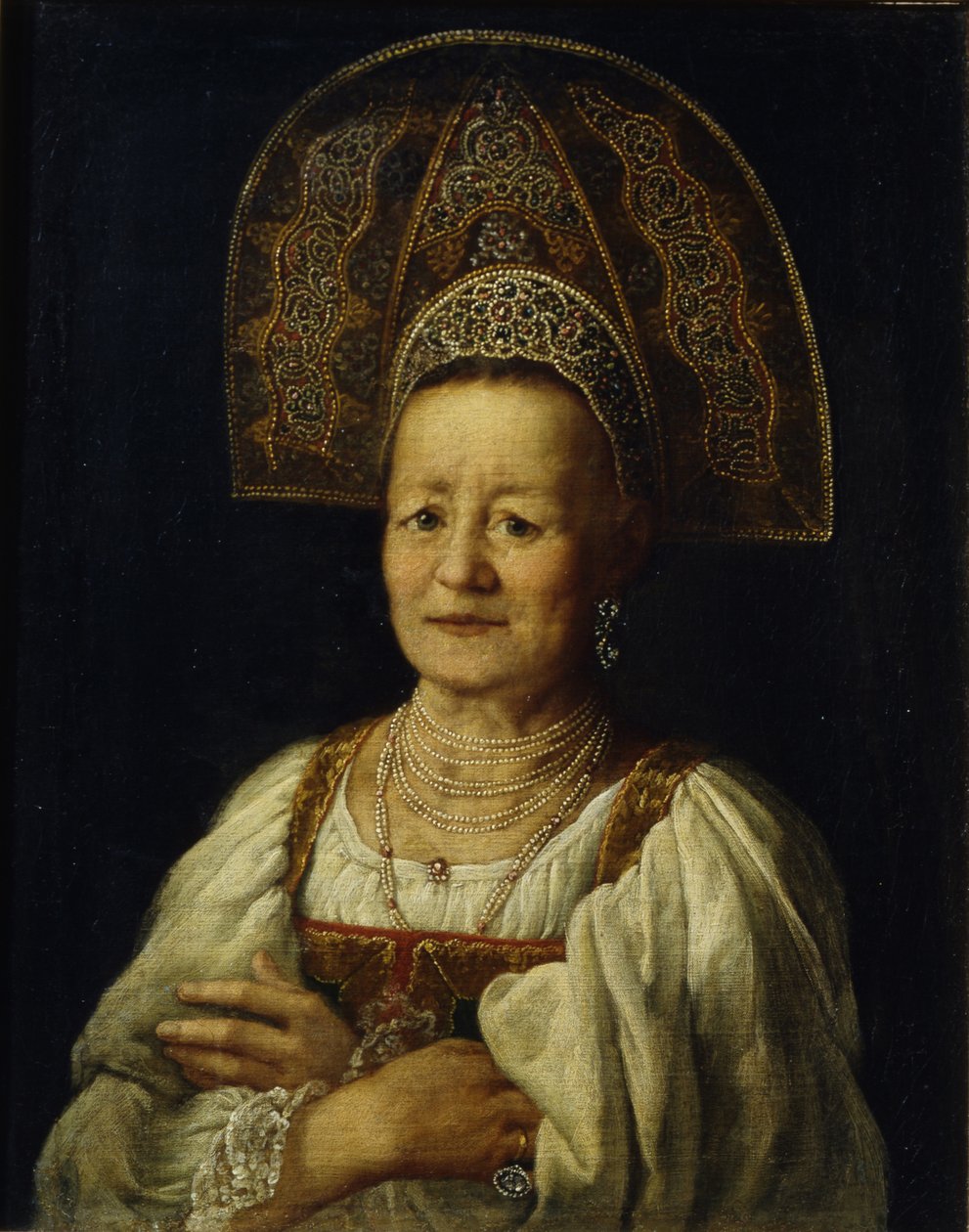 Retrato de uma mulher comerciante em Kokoshnik, 1796 de Petro Semyonovich Drozhdin