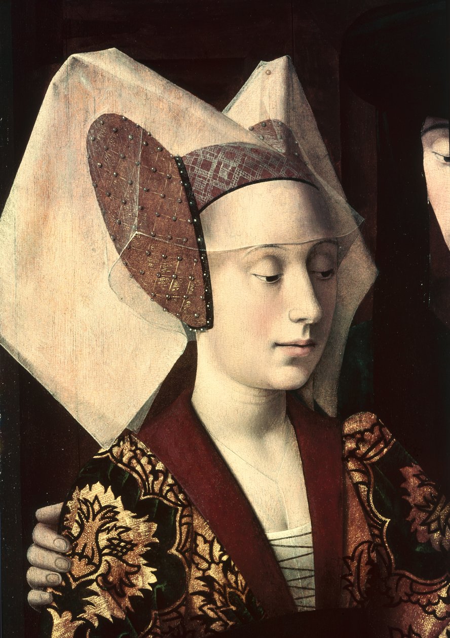 St. Eligius (c.588-660) como um ourives mostrando um anel para o casal noivo, detalhe da noiva, 1449 de Petrus Christus