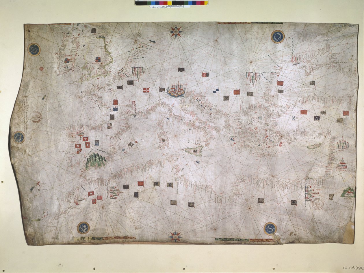 Carta náutica do Oceano Atlântico Nordeste do Mar Mediterrâneo e do Mar Negro de Petrus Roselli