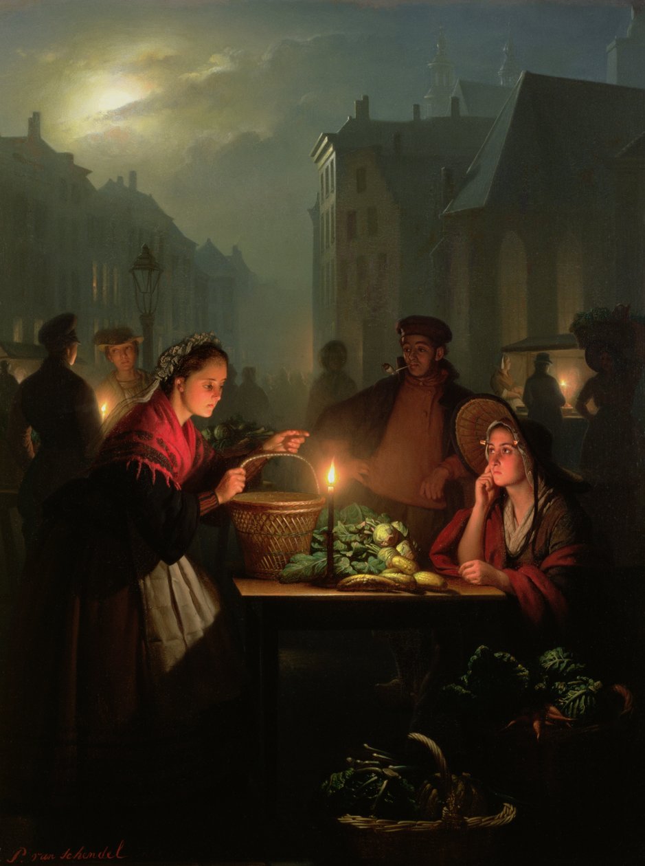 Uma barraca de vegetais à noite de Petrus van Schendel