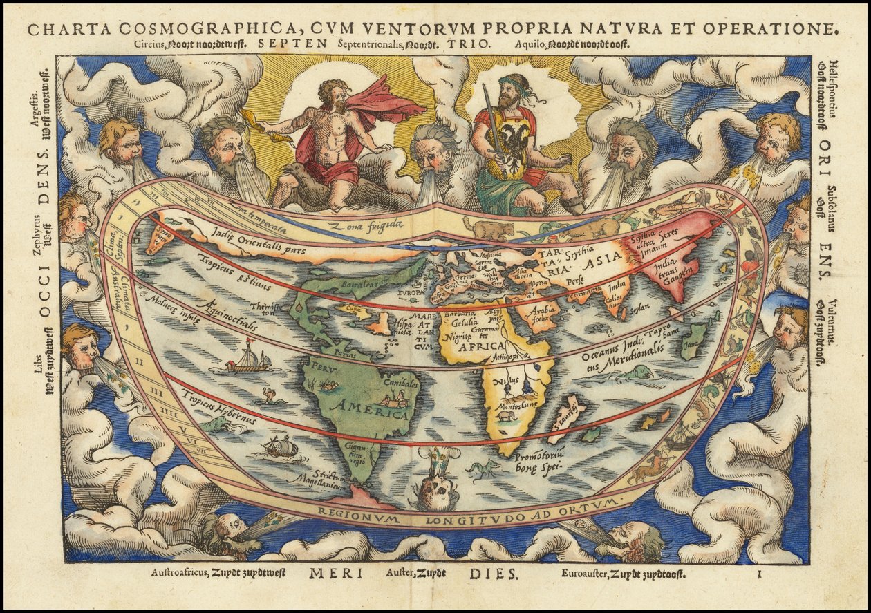 Mapa-mundo de 1553 - Charta Cosmographica, Cum Ventorum Propria Natura et Operatione de Petrus Apianus
