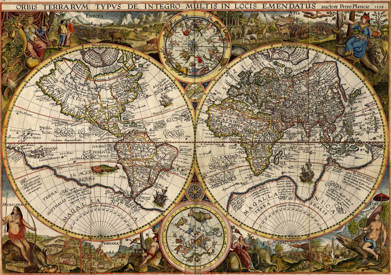 Orbis Terrarum Typus... (Mapa-múndi de duplo hemisfério) de Petrus & Doetichum Jan van younger Plancius