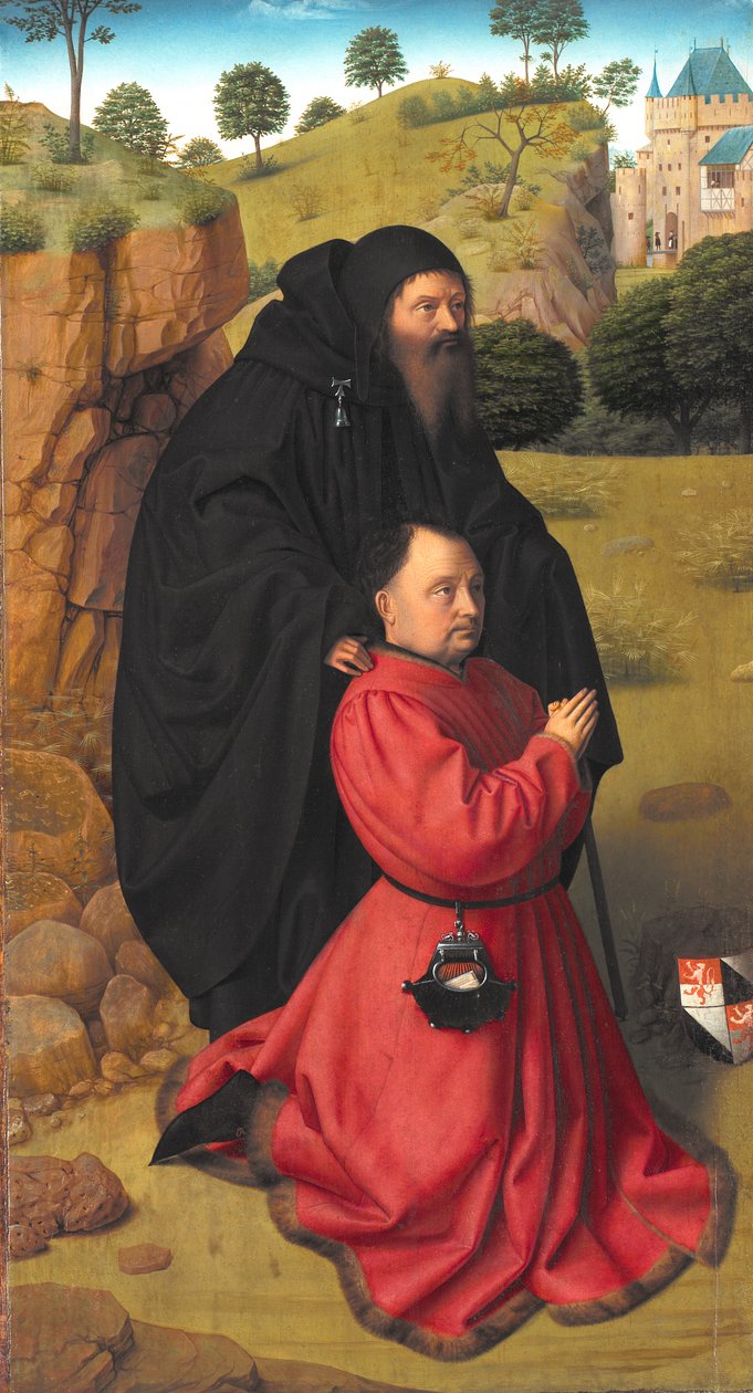 Altar com retrato de doador em escarlate sob a proteção de Santo Antônio de Petrus I Christus