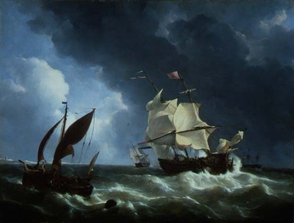 Fragata Holandesa Chegando à Âncora em uma Tempestade (óleo sobre painel) de Petrus Johann Schotel
