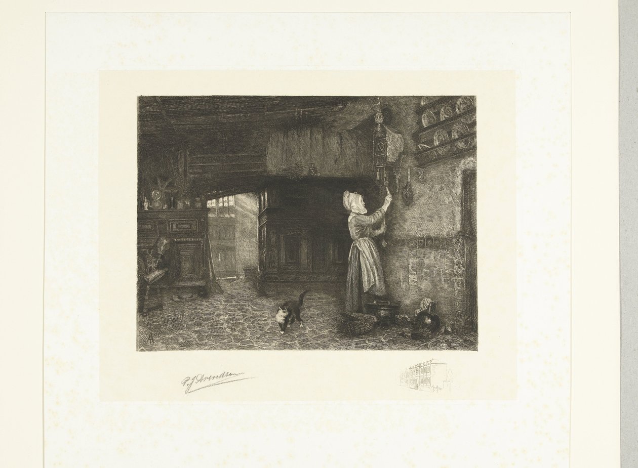 Mulher dando corda em um relógio de parede de Petrus Johannes Arendzen