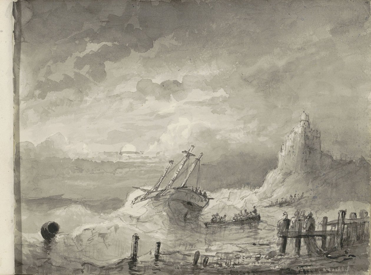 Navio em perigo ao largo de uma costa de Petrus Johannes Schotel (circle of)