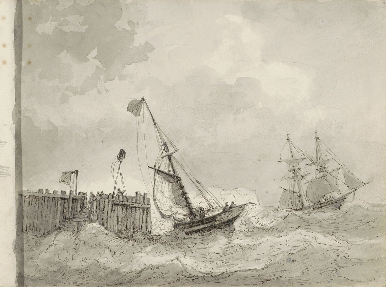 Dois veleiros numa amarração de Petrus Johannes Schotel (circle of)