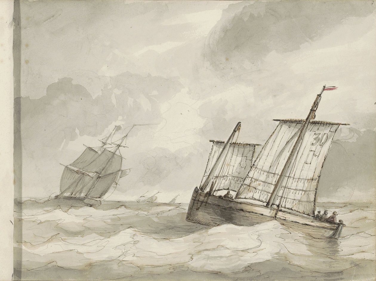 Navios à vela em um mar turbulento de Petrus Johannes Schotel (circle of)