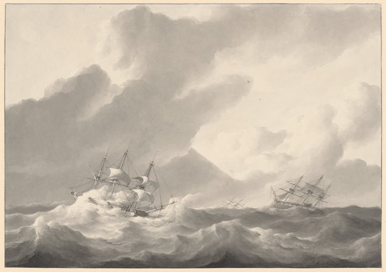 Navios em um mar tempestuoso de Petrus Johannes Schotel